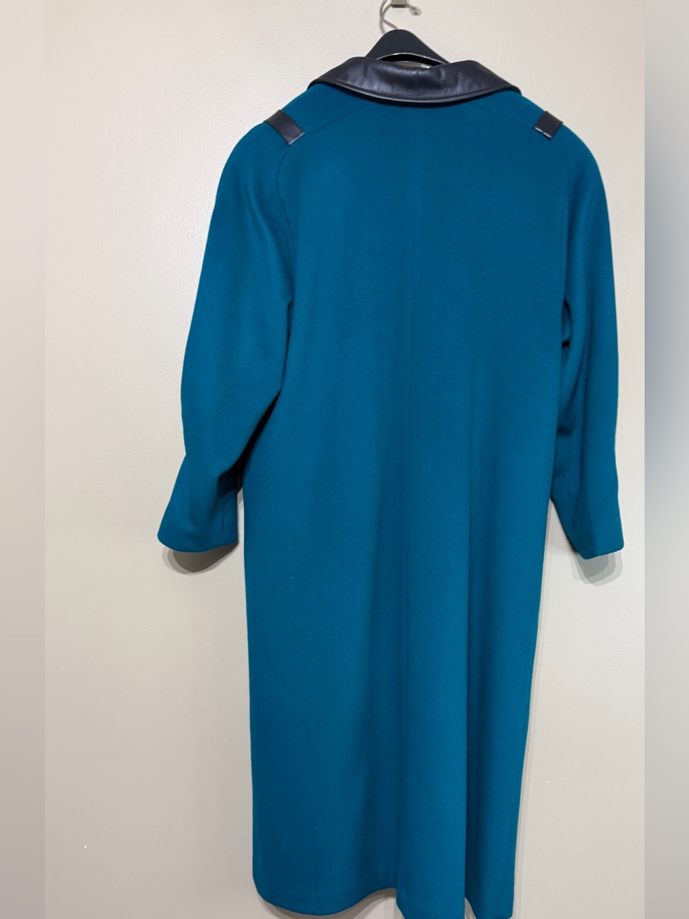 Vintage 1980’s Braemar Petites 100% Virgin Wool Teal Faux Leather Power Trench - Picture 8 of 9